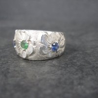 Vintage Sterling Emerald Sapphire Flower Ring Size 8