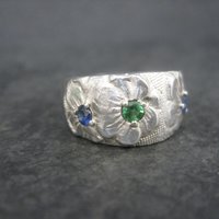 Vintage Sterling Emerald Sapphire Flower Ring Size 8
