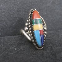 Southwestern Sterling Inlay Ring New Old Stock Size 5.5