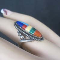 Southwestern Sterling Inlay Ring New Old Stock Size 5.5
