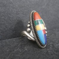 Southwestern Sterling Inlay Ring New Old Stock Size 5.5