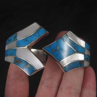 Vintage Southwestern Sterling Turquoise Mother of Pearl Clamper Bracelet 6.75"