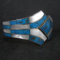 Vintage Southwestern Sterling Turquoise Mother of Pearl Clamper Bracelet 6.75"