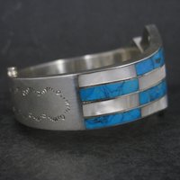 Vintage Southwestern Sterling Turquoise Mother of Pearl Clamper Bracelet 6.75"