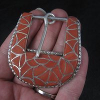 Southwestern Sterling Coral Inlay Belt Buckle Set