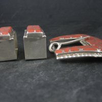 Southwestern Sterling Coral Inlay Belt Buckle Set