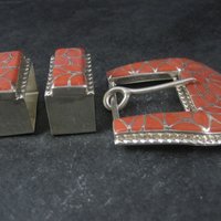 Southwestern Sterling Coral Inlay Belt Buckle Set