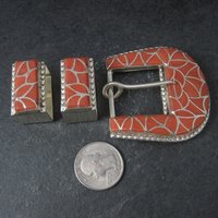 Southwestern Sterling Coral Inlay Belt Buckle Set