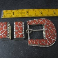Southwestern Sterling Coral Inlay Belt Buckle Set
