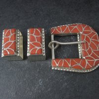 Southwestern Sterling Coral Inlay Belt Buckle Set