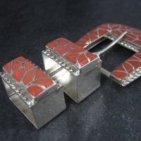 Southwestern Sterling Coral Inlay Belt Buckle Set