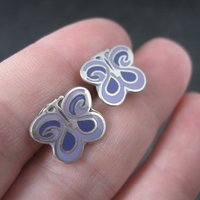 Vintage Sterling Purple Enamel Butterfly Pendant and Earrings Jewelry Set