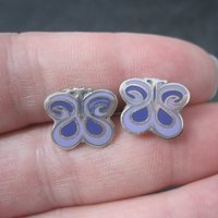 Vintage Sterling Purple Enamel Butterfly Pendant and Earrings Jewelry Set