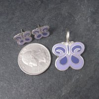 Vintage Sterling Purple Enamel Butterfly Pendant and Earrings Jewelry Set