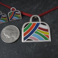 Vintage Enamel Sterling Handbag Necklace Earrings Jewelry Set