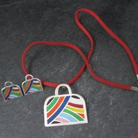 Vintage Enamel Sterling Handbag Necklace Earrings Jewelry Set