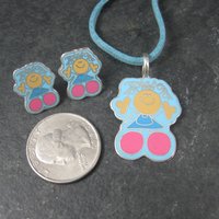 Vintage Enamel Sterling Girl Necklace Earrings Jewelry Set