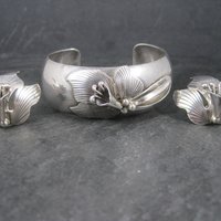 Vintage Carol Felley Orchid Cuff Bracelet Earrings Jewelry Set Sterling Silver 1987