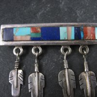 Southwestern Sterling Inlay Feather Brooch Signed