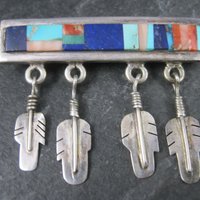 Southwestern Sterling Inlay Feather Brooch Signed