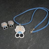 Vintage Enamel Sterling Girl Necklace Earrings Jewelry Set