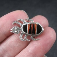 Southwestern Sterling Coral Jet Beetle Brooch Pin