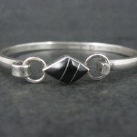 Vintage Mexican Sterling Jet Inlay Bangle Bracelet 6 1/4 Inches
