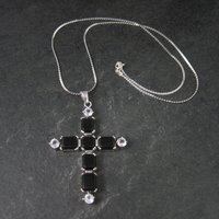 Estate Sterling Black White Topaz Cross Pendant Necklace