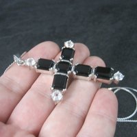 Estate Sterling Black White Topaz Cross Pendant Necklace