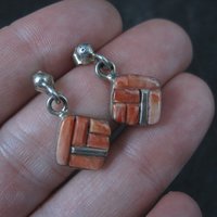 Southwestern Sterling Coral Inlay Earrings