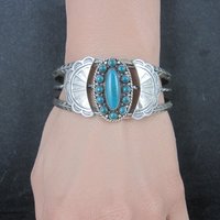 Southwestern Sterling Cluster Cuff Bracelet 6.25 Inches