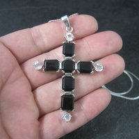 Estate Sterling Black White Topaz Cross Pendant Necklace