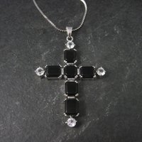 Estate Sterling Black White Topaz Cross Pendant Necklace