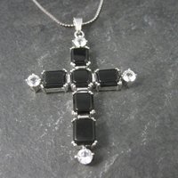 Estate Sterling Black White Topaz Cross Pendant Necklace