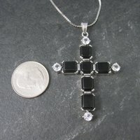 Estate Sterling Black White Topaz Cross Pendant Necklace