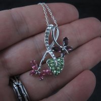 Estate Sterling Pink Purple Butterfly Pendant Necklace