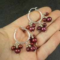 Vintage Sterling Red Pearl Hoop Earrings