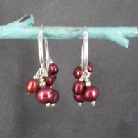 Vintage Sterling Red Pearl Hoop Earrings