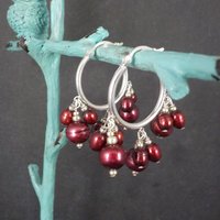 Vintage Sterling Red Pearl Hoop Earrings