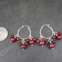 Vintage Sterling Red Pearl Hoop Earrings