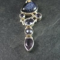 Estate Sterling Blue Goldstone Amethyst Pearl Pendant
