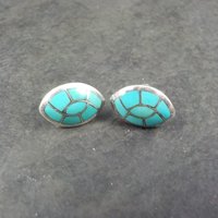 Turquoise Inlay Earrings Vintage Southwestern Sterling Studs