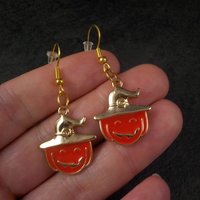 Halloween Pumpkin Witch Earrings Vermeil Sterling Enamel
