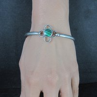 Vintage Mexican Sterling Malachite Bangle Bracelet 7.5 Inches