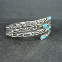 Estate Sterling Turquoise Clamper Bangle Bracelet 6.75 Inches