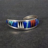 Vintage Southwestern Sterling Inlay Cuff Bracelet 6.25 Inches