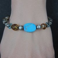 Vintage Sterling Turquoise Crystal Toggle Bracelet 7.5 Inches