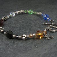 Vintage Sterling Rainbow Crystal Cross Toggle Bracelet 8"