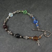 Vintage Sterling Rainbow Crystal Cross Toggle Bracelet 8"