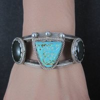Heavy Southwestern Sterling Turquoise Jade Cuff Bracelet 6.25"
